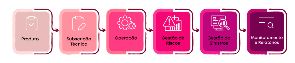 fluxo de etapas com produto, subscrição técnica, operação, gestão de riscos, sinistros e monitoramento