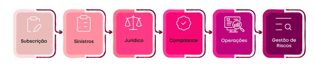 fluxo de processos com subscrição, sinistros, jurídico, compliance, operações e gestão de riscos