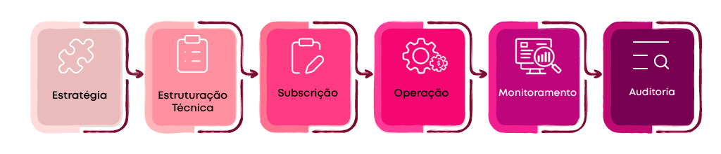 fluxo de etapas com estratégia, estruturação técnica, subscrição, operação, monitoramento e auditoria