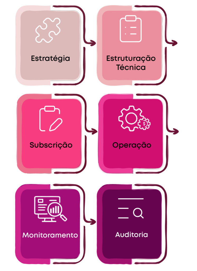 fluxo de etapas com estratégia, estruturação técnica, subscrição, operação, monitoramento e auditoria